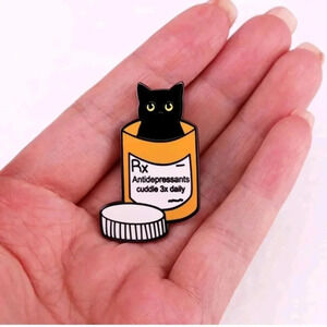 Black cat medicine bottle antidepressant pin yellow white brooch cuddle